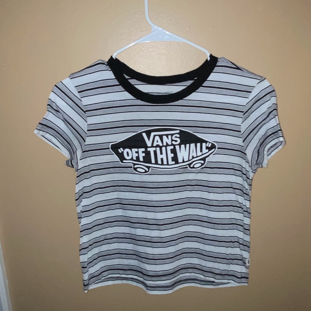 Vans “Off The Wall” White, Black, and Grey Striped Logo T-Shirt, size small